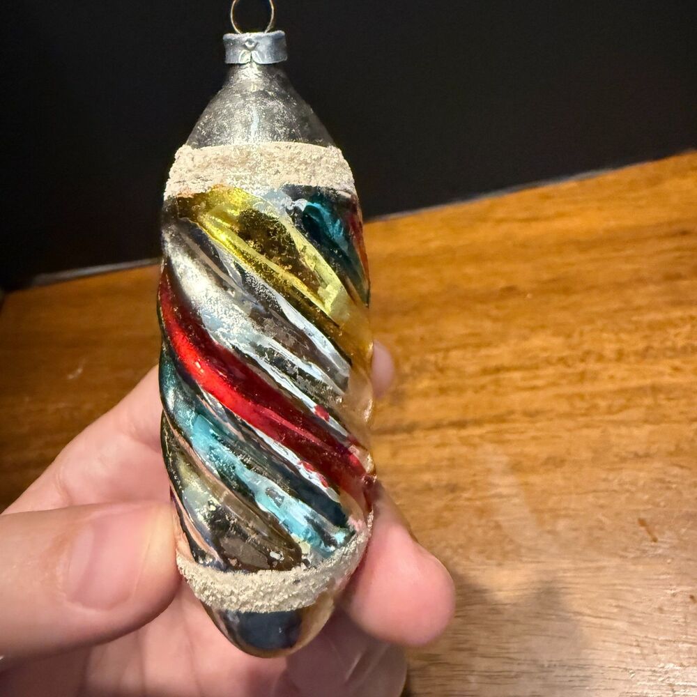 Vintage West Germany Glass Christmas Ornament Rainbow Spiral Torpedo Mica Snow